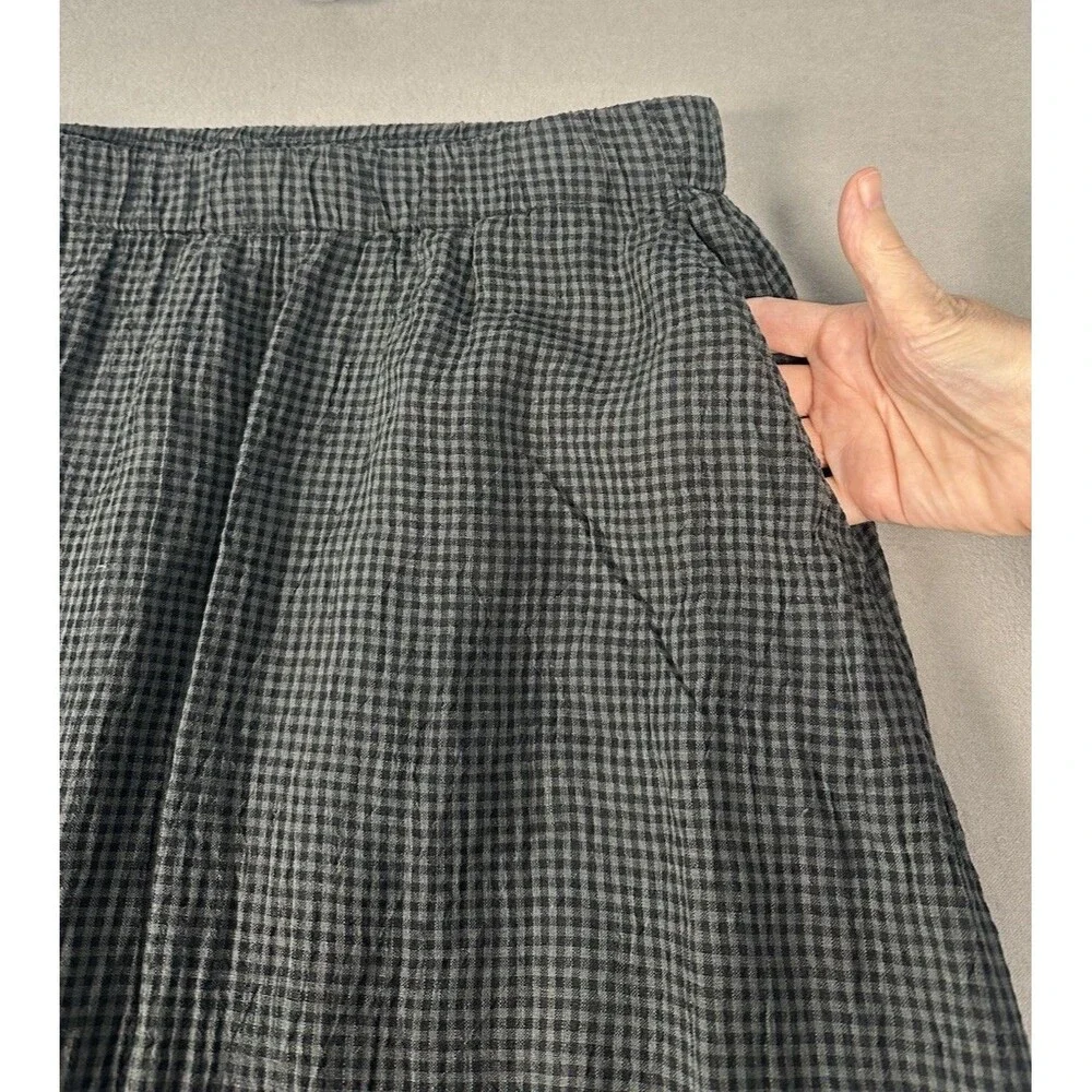 Eileen Fisher Organic Linen Gingham Check Pocket Skirt Sz M Lagenlook Layering